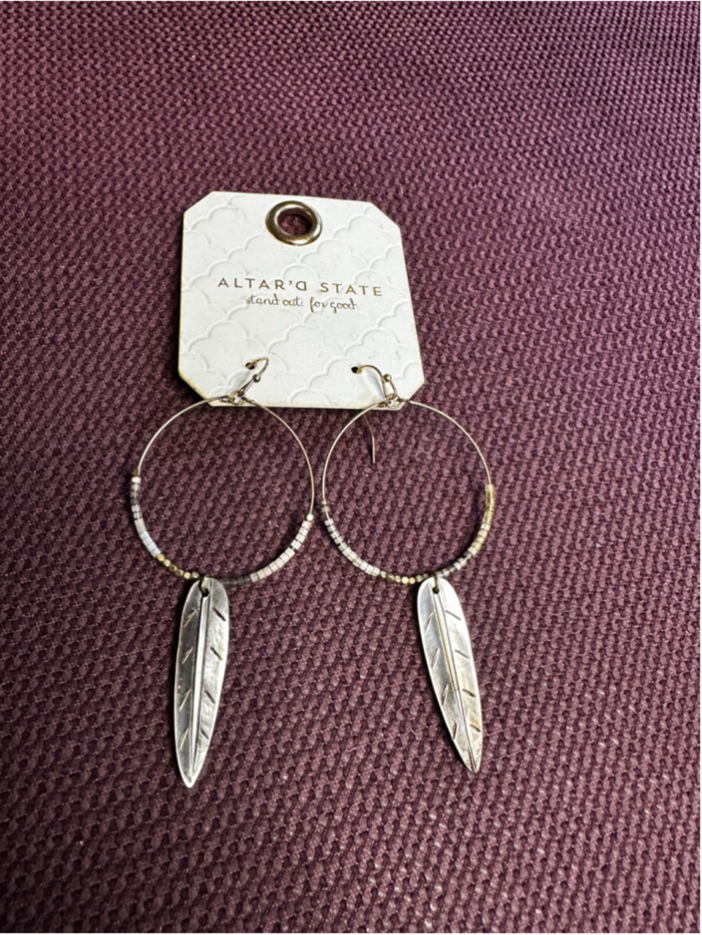 Altar'd State Grey and Gold Feather Hoop Earrings